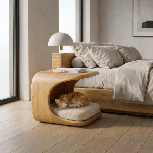 Solid Wood Nightstand with Built-in Pet Bed – Modern Curved Bedside Table for Cats Kitchnce