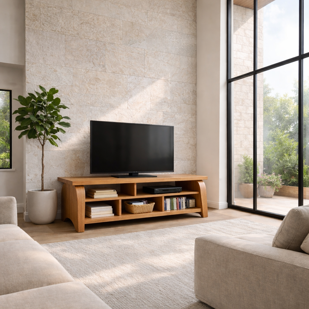 Solid Wood TV Stand with Curved Side Panels – Modern Open Shelf Media Console Kitchnce