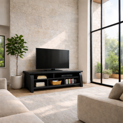 Solid Wood TV Stand with Curved Side Panels – Modern Open Shelf Media Console Kitchnce
