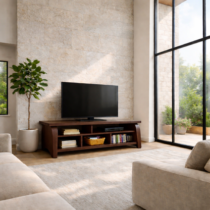 Solid Wood TV Stand with Curved Side Panels – Modern Open Shelf Media Console Kitchnce