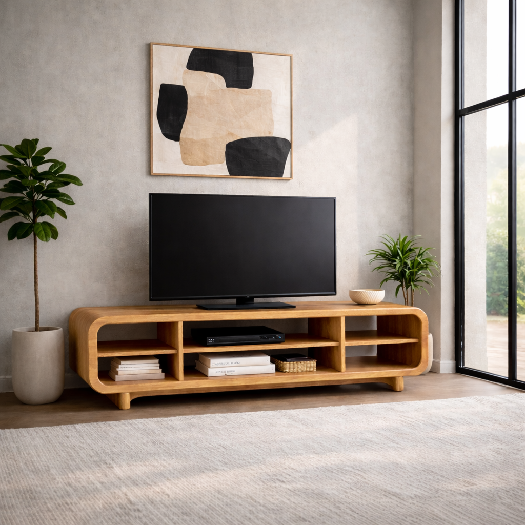 Curved Solid Wood TV Stand with Open Shelves – Modern Minimalist Media Console