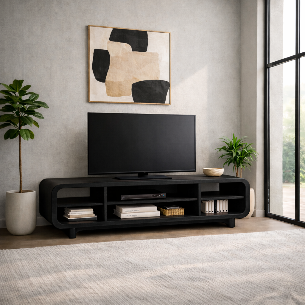Curved Solid Wood TV Stand with Open Shelves – Modern Minimalist Media Console Kitchnce