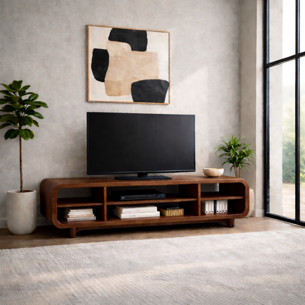 Curved Solid Wood TV Stand with Open Shelves – Modern Minimalist Media Console