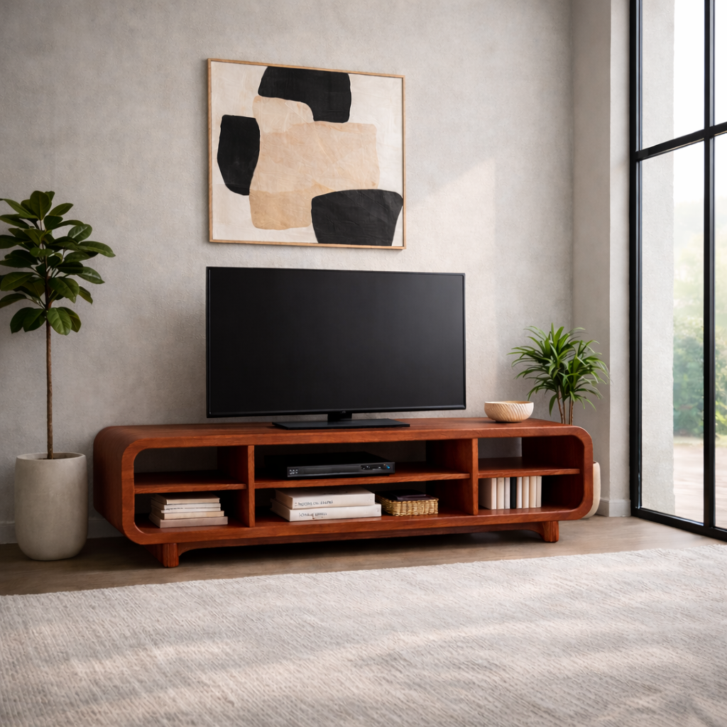 Curved Solid Wood TV Stand with Open Shelves – Modern Minimalist Media Console Kitchnce