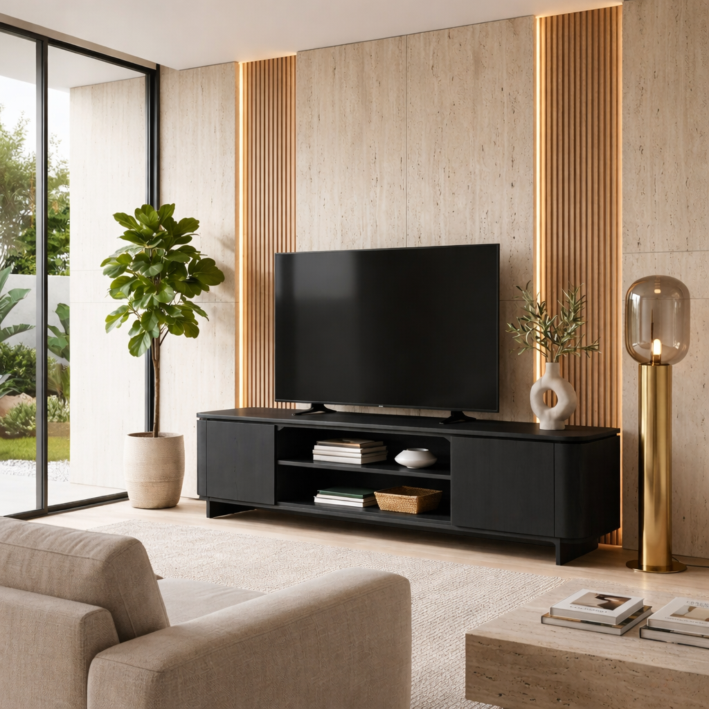 Modern Solid Wood TV Stand with Cabinets and Open Shelf – Low Profile Media Console Kitchnce