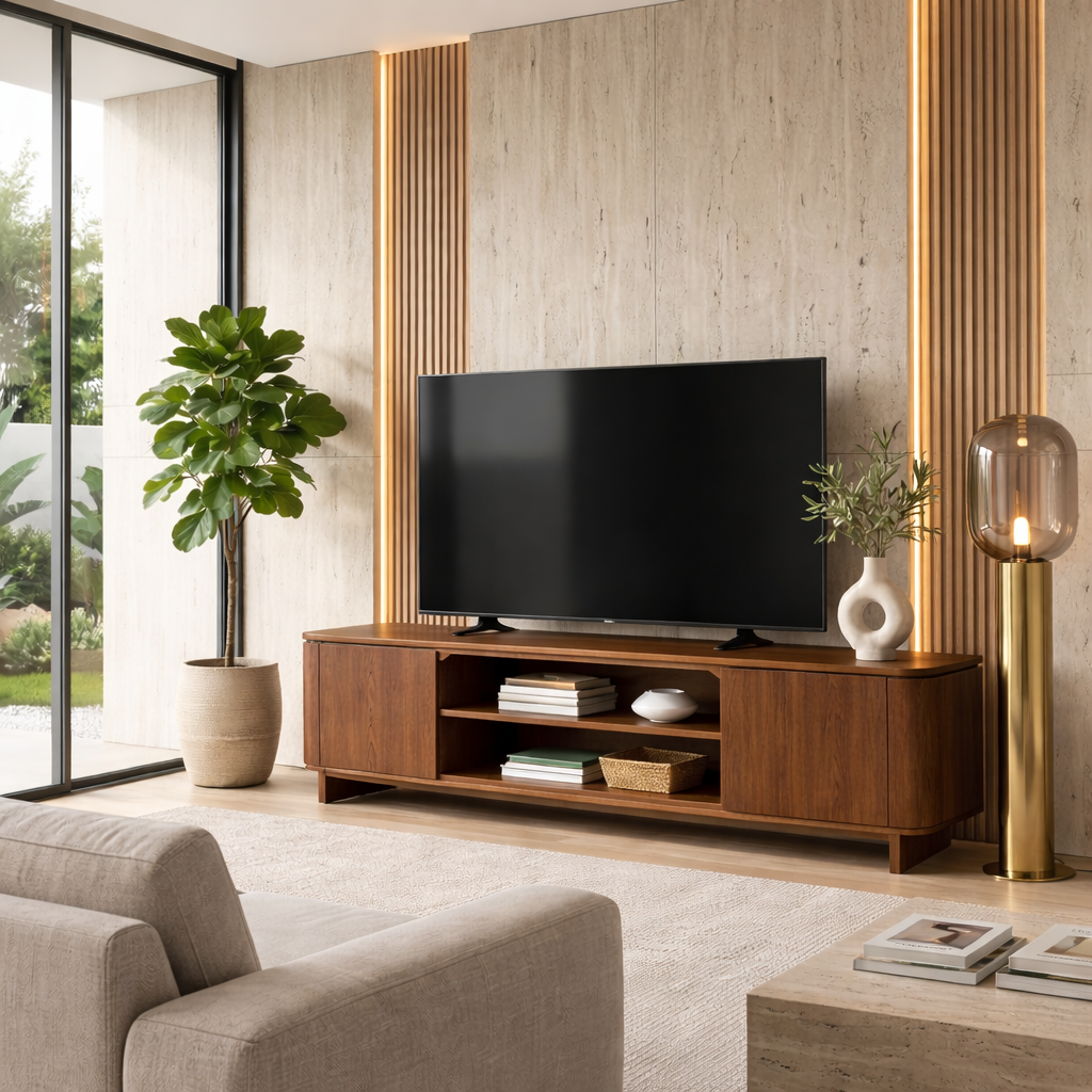 Modern Solid Wood TV Stand with Cabinets and Open Shelf – Low Profile Media Console Kitchnce
