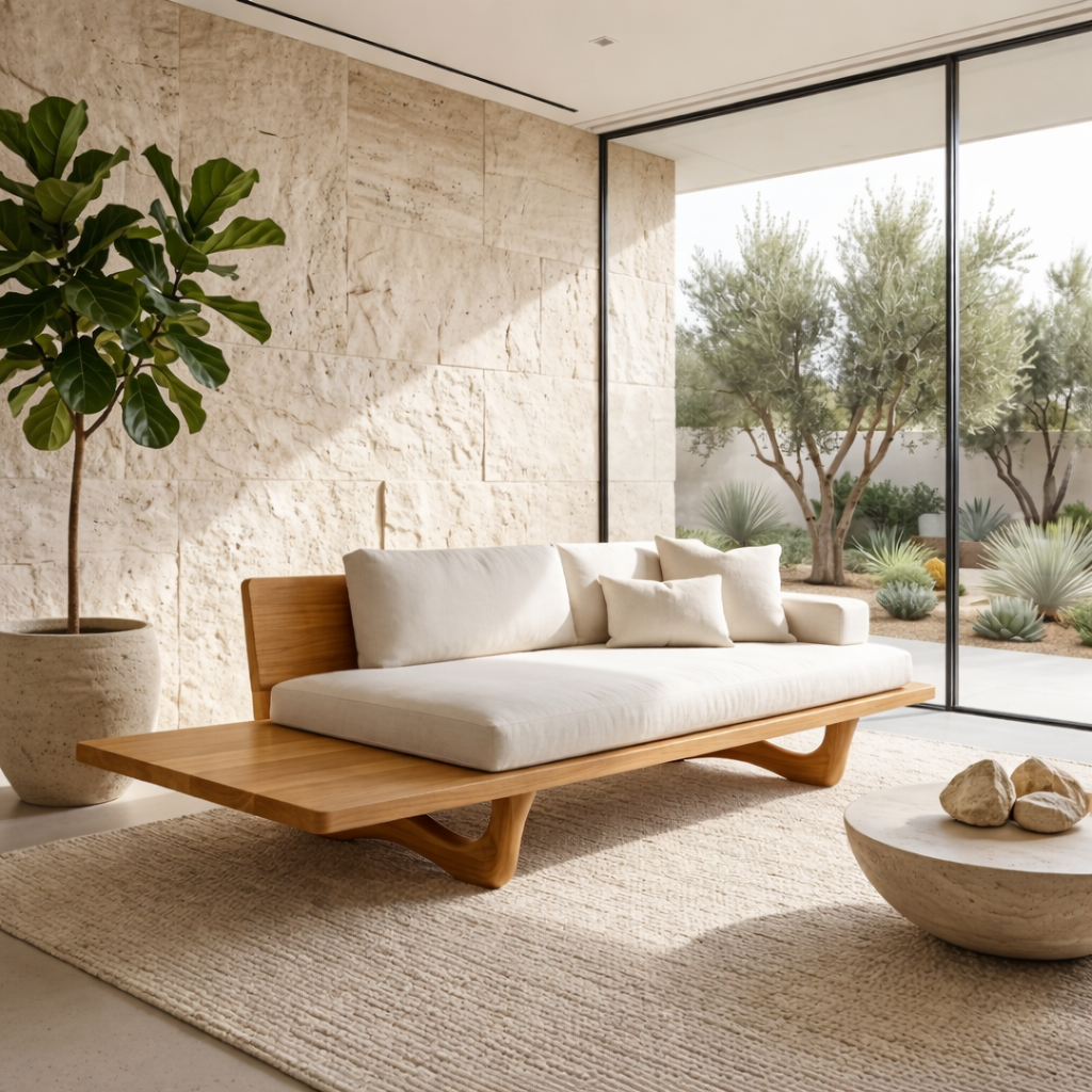 Solid Wood Platform Sofa Frame with Curved Base – Modern Minimalist Wood Sofa Kitchnce