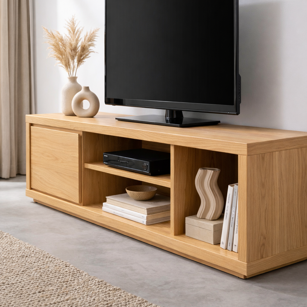 Solid Wood TV Stand with Sliding Door and Open Shelves – Modern Media Console Kitchnce