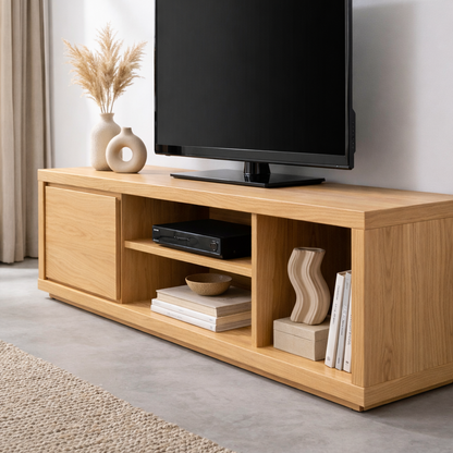 Solid Wood TV Stand with Sliding Door and Open Shelves – Modern Media Console Kitchnce