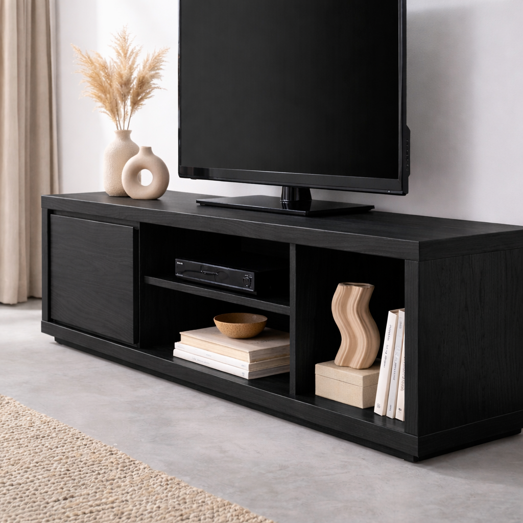 Solid Wood TV Stand with Sliding Door and Open Shelves – Modern Media Console Kitchnce