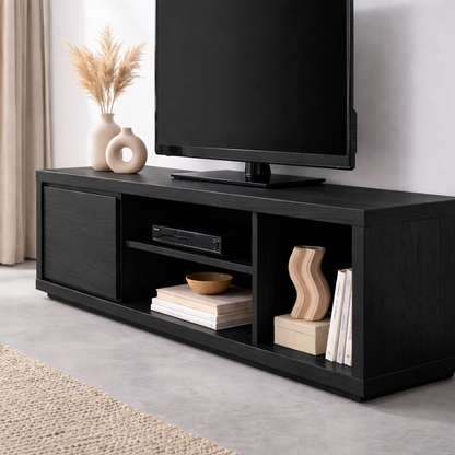 Solid Wood TV Stand with Sliding Door and Open Shelves – Modern Media Console Kitchnce
