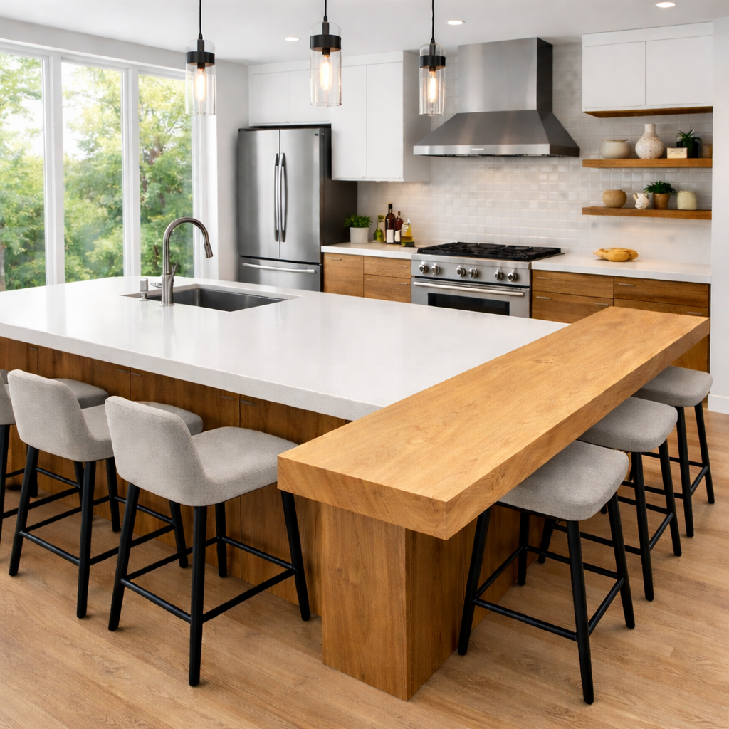 Solid Wood Kitchen Countertop with Overhang – Island Bar Top for Modern Kitchen Seating Kitchnce