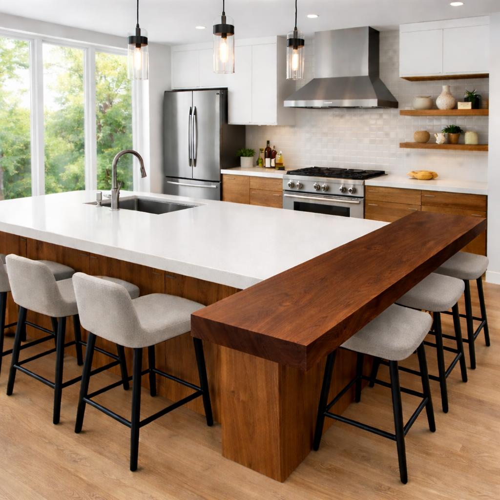 Solid Wood Kitchen Countertop with Overhang – Island Bar Top for Modern Kitchen Seating Kitchnce
