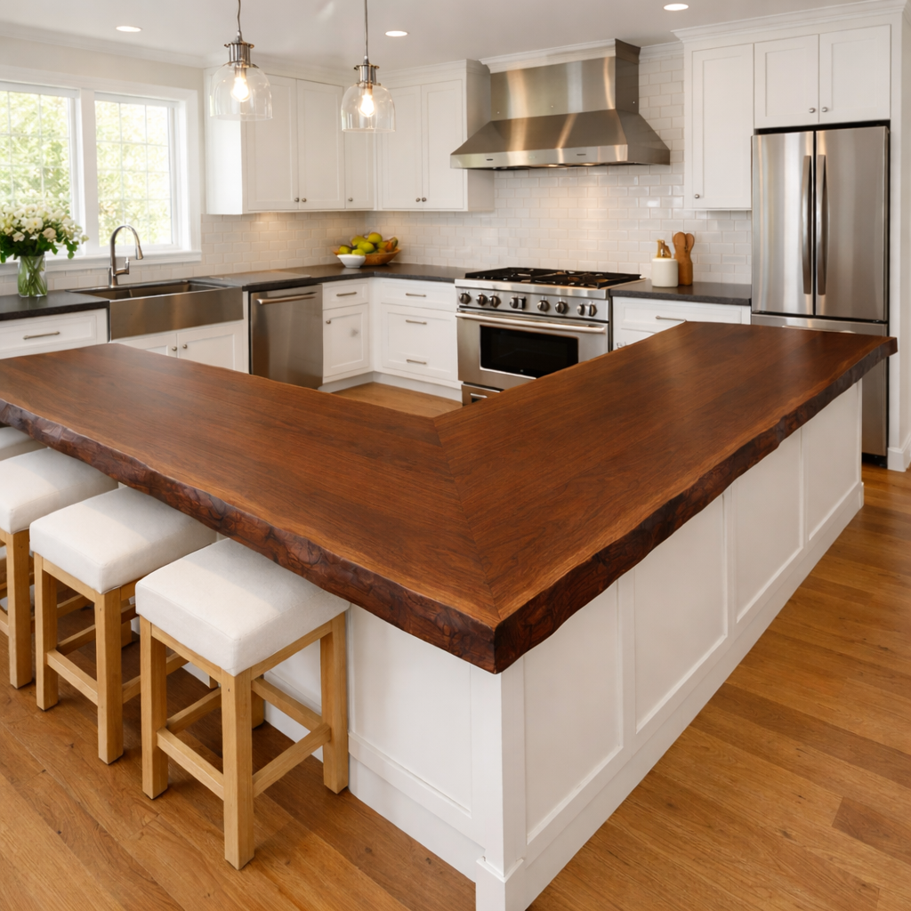 Solid Wood Live Edge Kitchen Countertop – L-Shaped Island Bar Top Kitchnce