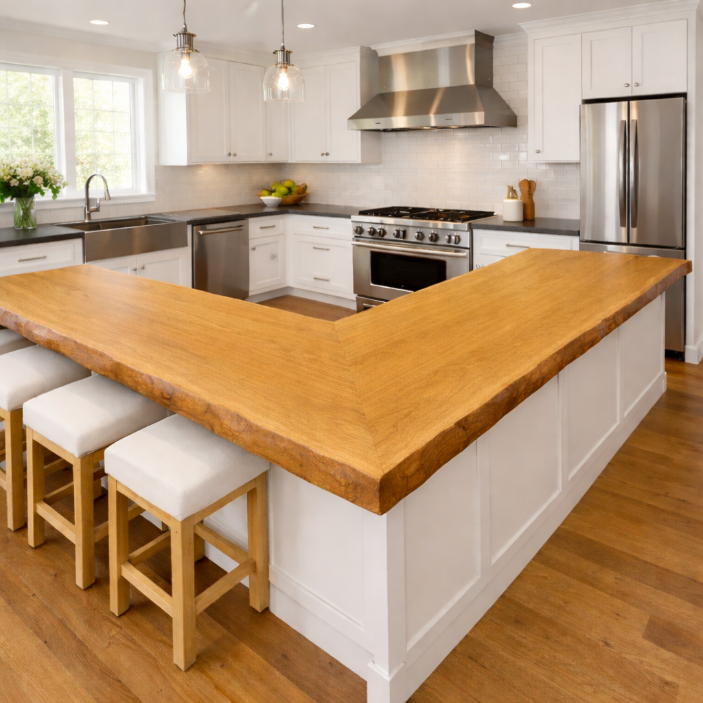 Solid Wood Live Edge Kitchen Countertop – L-Shaped Island Bar Top Kitchnce