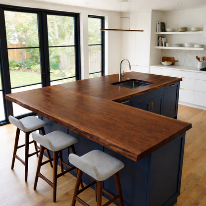Solid Wood L-Shape Kitchen Countertop – Live Edge Island Bar Top with Seating Overhang Kitchnce