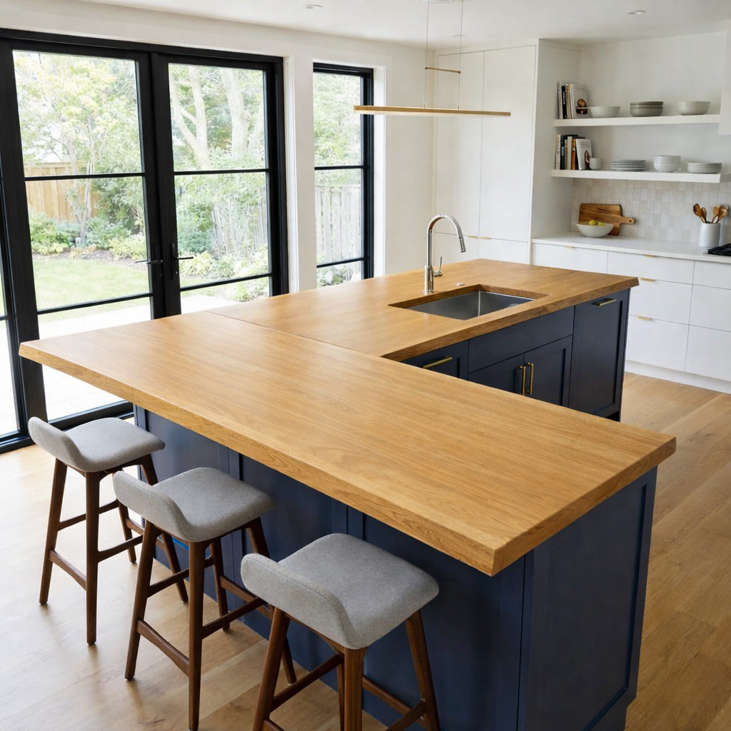 Solid Wood L-Shape Kitchen Countertop – Live Edge Island Bar Top with Seating Overhang Kitchnce