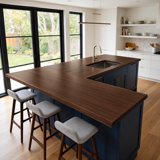 Solid Wood L-Shape Kitchen Countertop – Live Edge Island Bar Top with Seating Overhang Kitchnce