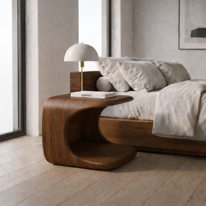 Solid Wood Nightstand with Built-in Pet Bed – Modern Curved Bedside Table for Cats Kitchnce