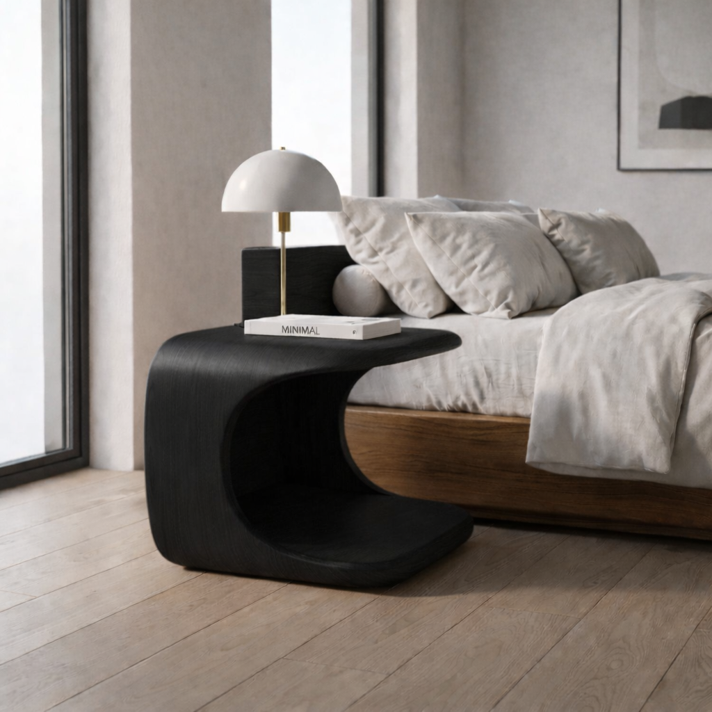 Solid Wood Nightstand with Built-in Pet Bed – Modern Curved Bedside Table for Cats Kitchnce