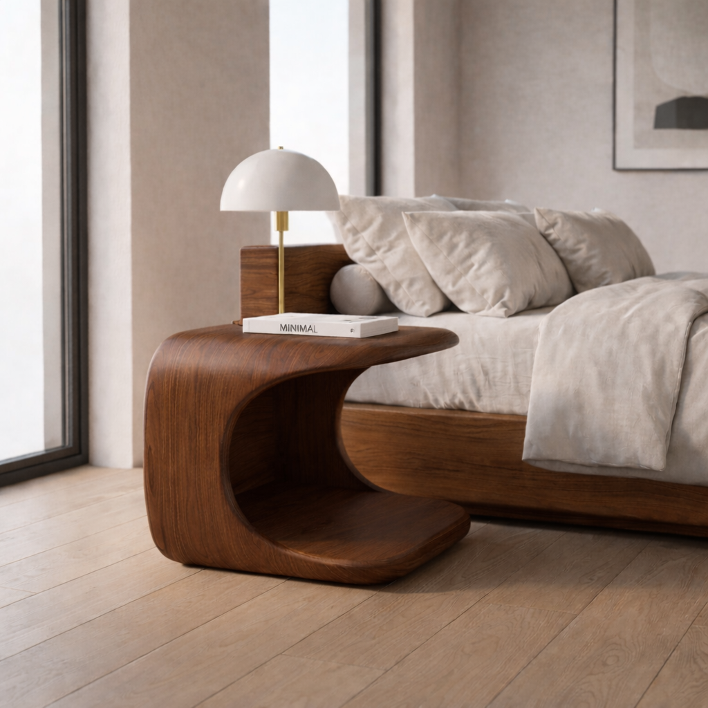 Solid Wood Nightstand with Built-in Pet Bed – Modern Curved Bedside Table for Cats Kitchnce