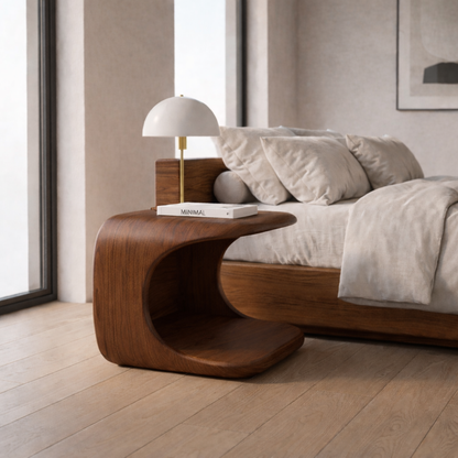 Solid Wood Nightstand with Built-in Pet Bed – Modern Curved Bedside Table for Cats Kitchnce