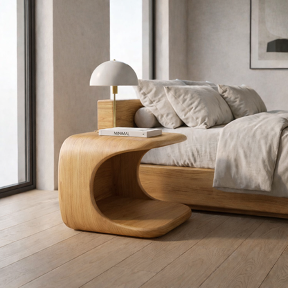 Solid Wood Nightstand with Built-in Pet Bed – Modern Curved Bedside Table for Cats Kitchnce