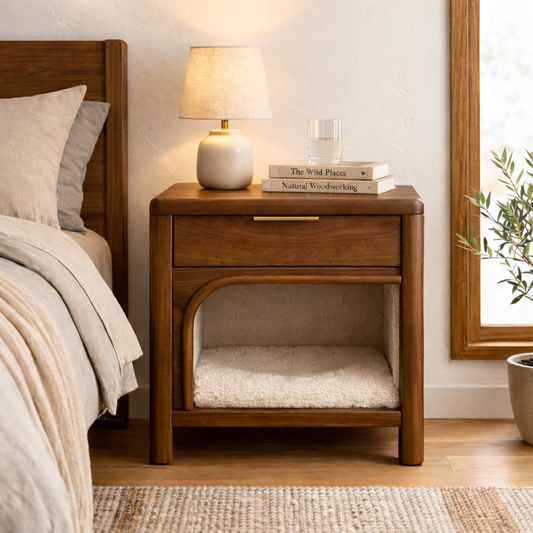 Solid Wood Nightstand with Built-in Cat Bed – Modern Bedside Table with Pet Sleeping Space Kitchnce