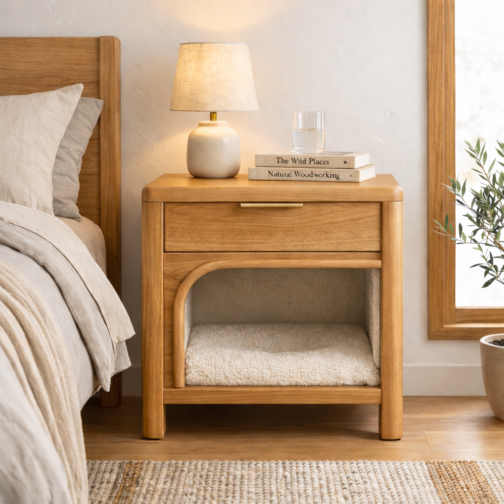 Solid Wood Nightstand with Built-in Cat Bed – Modern Bedside Table with Pet Sleeping Space Kitchnce