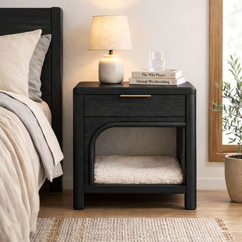 Solid Wood Nightstand with Built-in Cat Bed – Modern Bedside Table with Pet Sleeping Space Kitchnce
