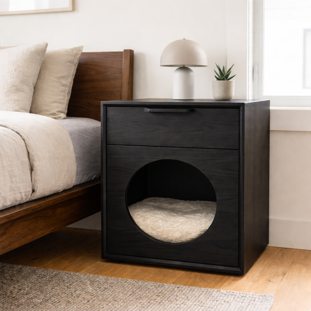 Solid Wood Nightstand with Built-in Cat Bed – Modern Bedside Table with Pet House Kitchnce