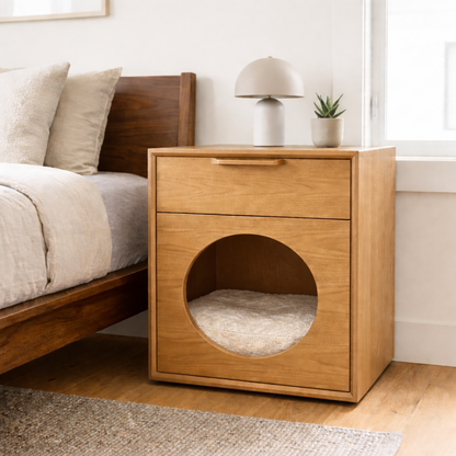Solid Wood Nightstand with Built-in Cat Bed – Modern Bedside Table with Pet House Kitchnce