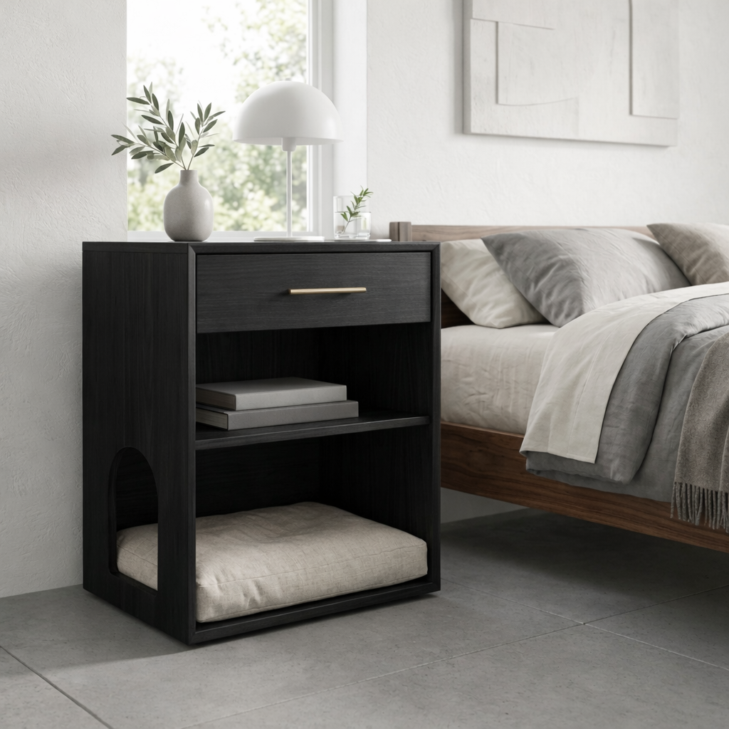 Solid Wood Bedside Table with Cat Sleeping Nook – Modern Nightstand with Drawer & Shelf Kitchnce