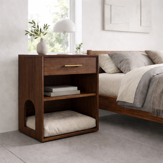 Solid Wood Bedside Table with Cat Sleeping Nook – Modern Nightstand with Drawer & Shelf Kitchnce
