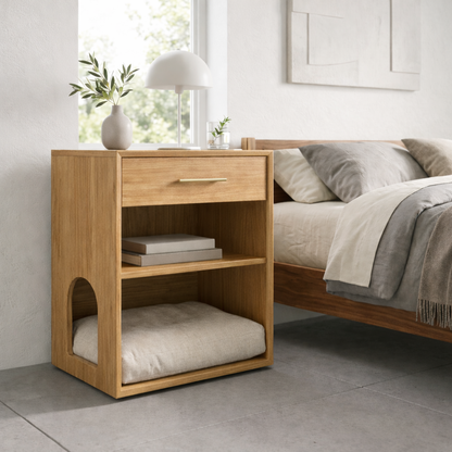 Solid Wood Bedside Table with Cat Sleeping Nook – Modern Nightstand with Drawer & Shelf Kitchnce