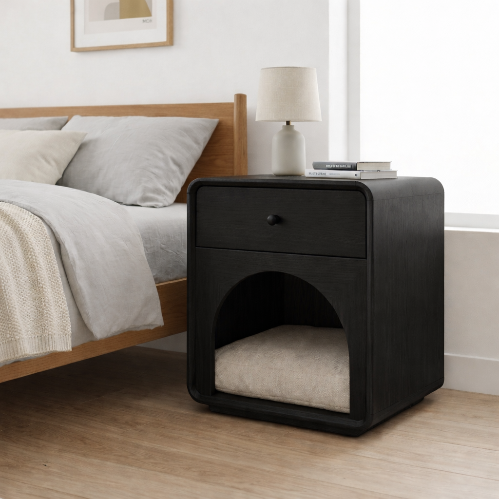 Solid Wood Nightstand with Cat Bed Nook – Modern Bedside Table with Drawer Kitchnce