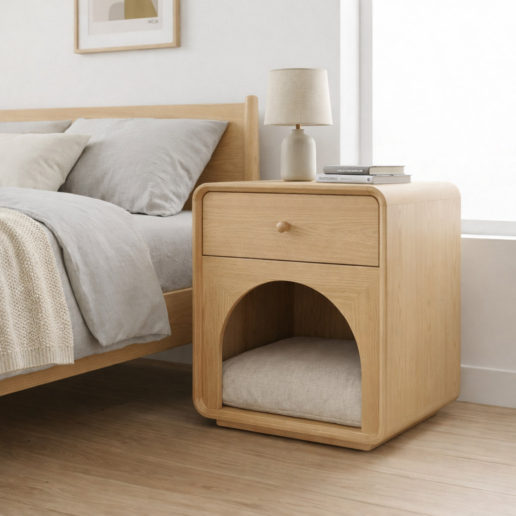Solid Wood Nightstand with Cat Bed Nook – Modern Bedside Table with Drawer Kitchnce