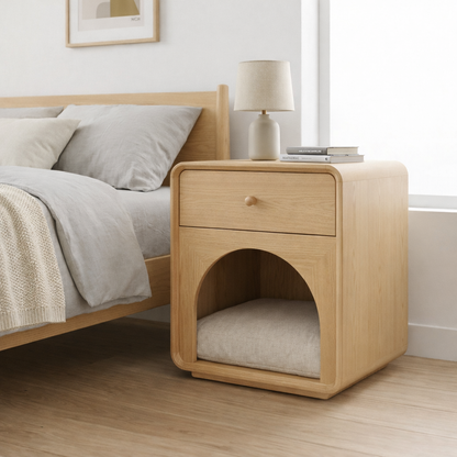 Solid Wood Nightstand with Cat Bed Nook – Modern Bedside Table with Drawer Kitchnce