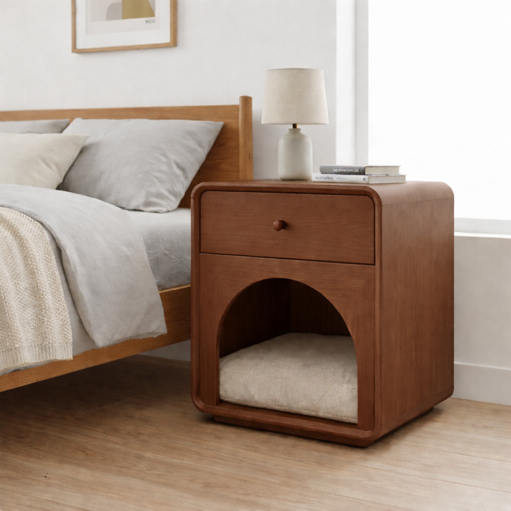 Solid Wood Nightstand with Cat Bed Nook – Modern Bedside Table with Drawer Kitchnce