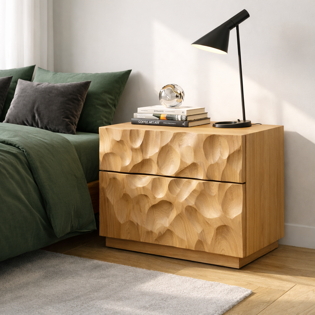 Solid Wood Nightstand with Hand-Carved Drawer Front – Modern Sculptural Bedside Table Kitchnce