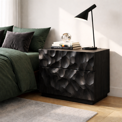 Solid Wood Nightstand with Hand-Carved Drawer Front – Modern Sculptural Bedside Table Kitchnce
