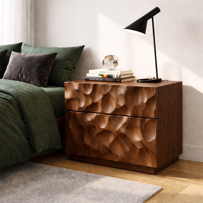 Solid Wood Nightstand with Hand-Carved Drawer Front – Modern Sculptural Bedside Table Kitchnce