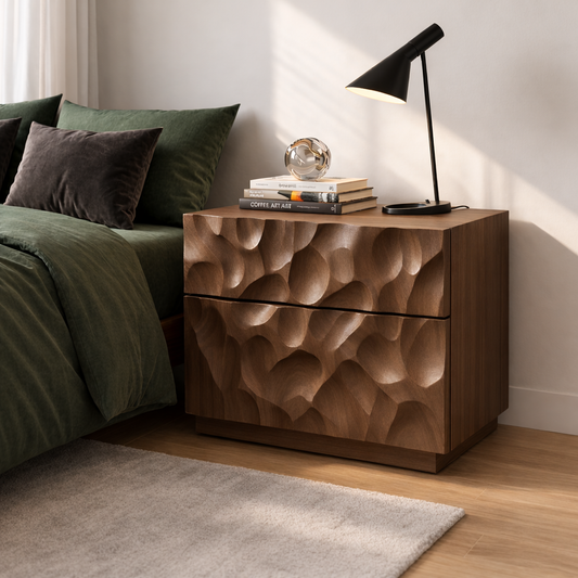 Solid Wood Nightstand with Hand-Carved Drawer Front – Modern Sculptural Bedside Table Kitchnce