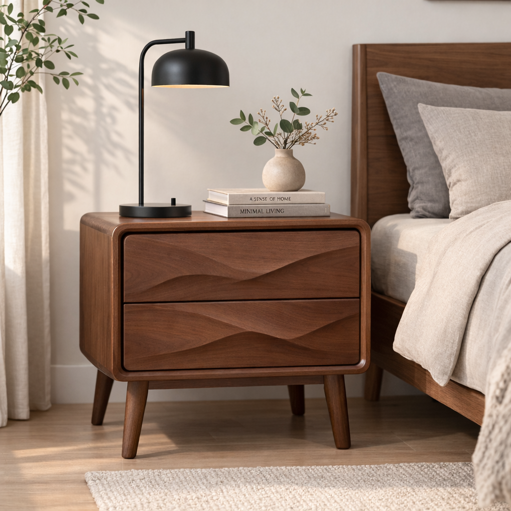 Mid-Century Solid Wood Nightstand with Wave Carved Drawers – Modern Bedside Table Kitchnce