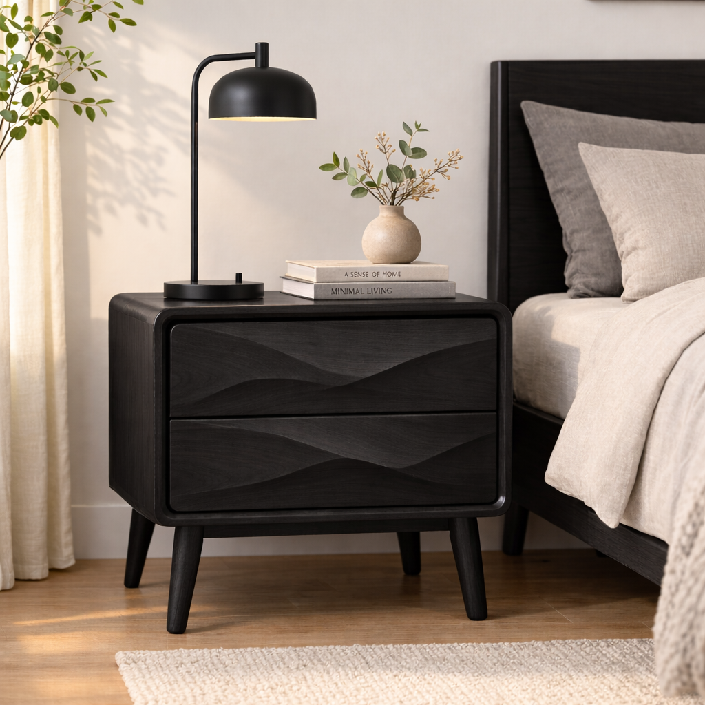 Mid-Century Solid Wood Nightstand with Wave Carved Drawers – Modern Bedside Table Kitchnce