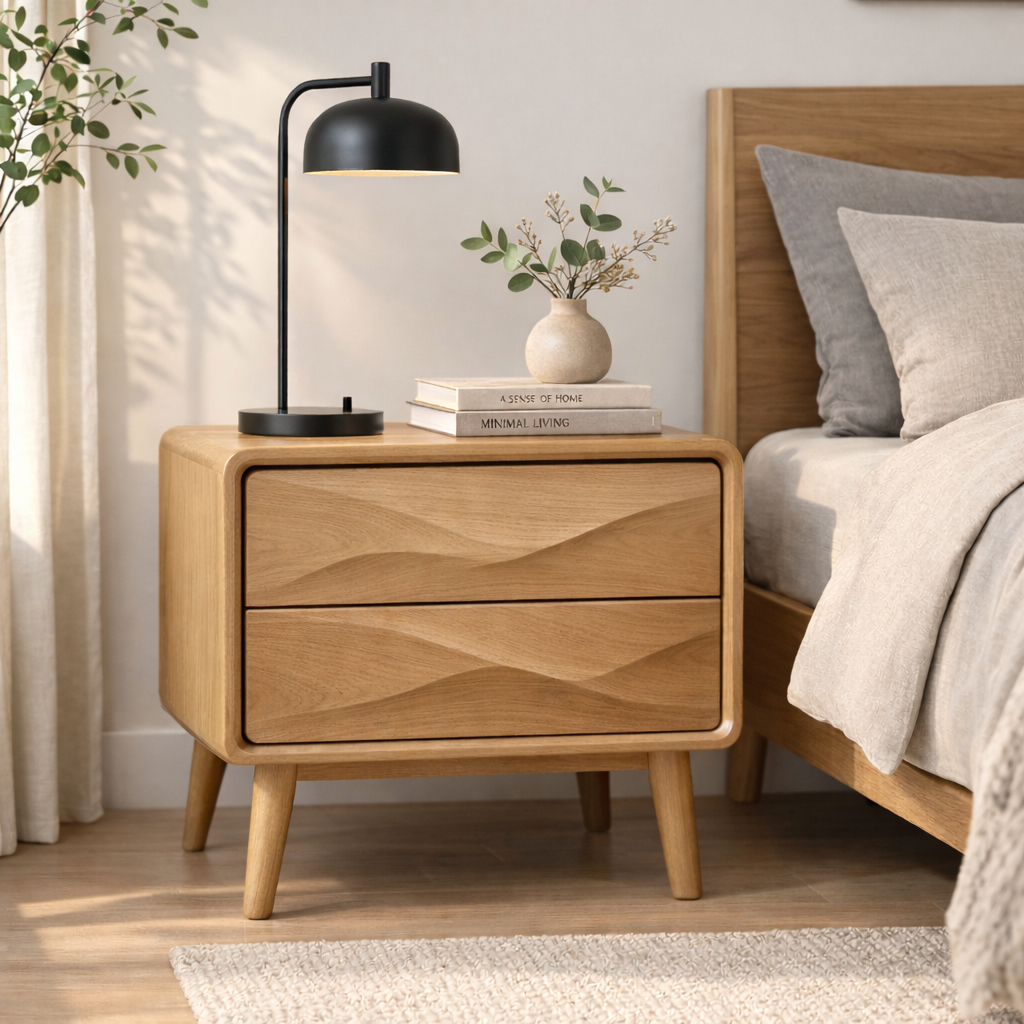 Mid-Century Solid Wood Nightstand with Wave Carved Drawers – Modern Bedside Table Kitchnce