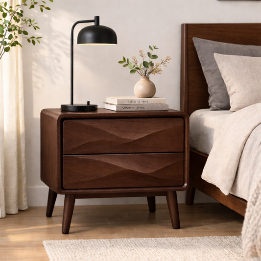 Mid-Century Solid Wood Nightstand with Wave Carved Drawers – Modern Bedside Table Kitchnce