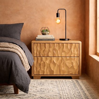 Solid Wood Nightstand with Textured Carved Drawers – Modern Rustic Bedside Table Kitchnce