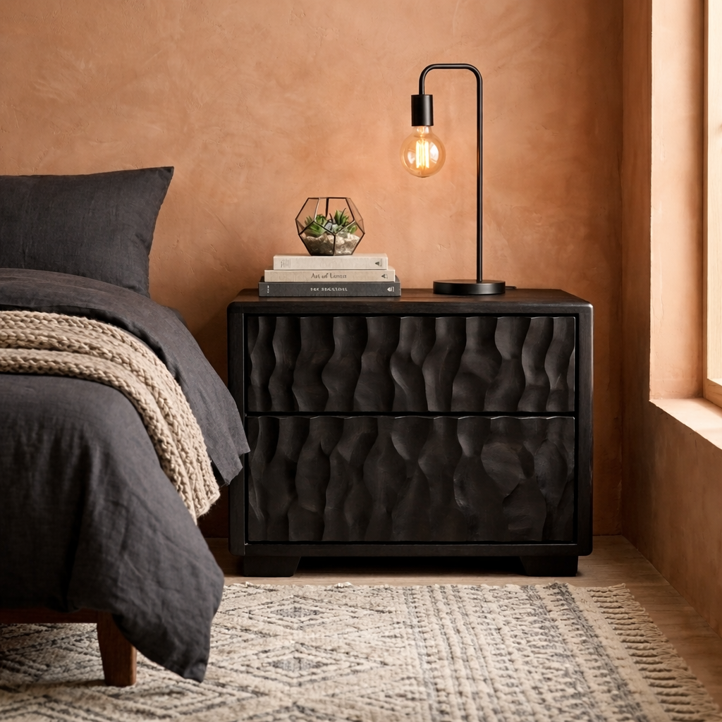 Solid Wood Nightstand with Textured Carved Drawers – Modern Rustic Bedside Table Kitchnce