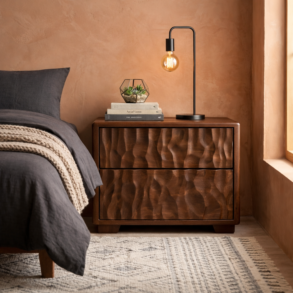 Solid Wood Nightstand with Textured Carved Drawers – Modern Rustic Bedside Table Kitchnce